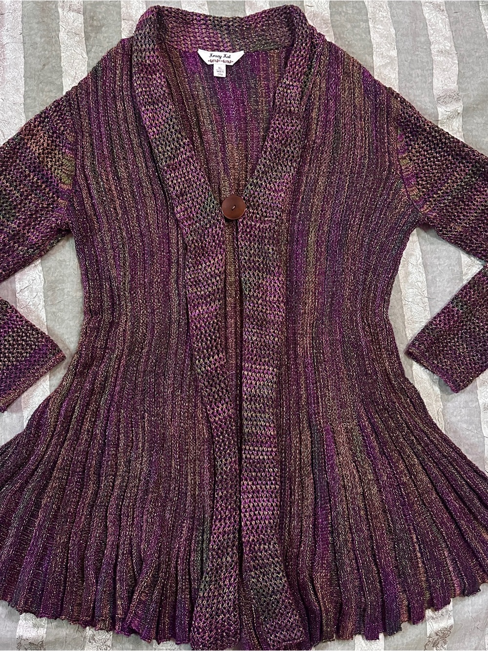 Y2k Whimsigoth Plum Purple & Olive Ribbed Flare Cardigan Button Closure